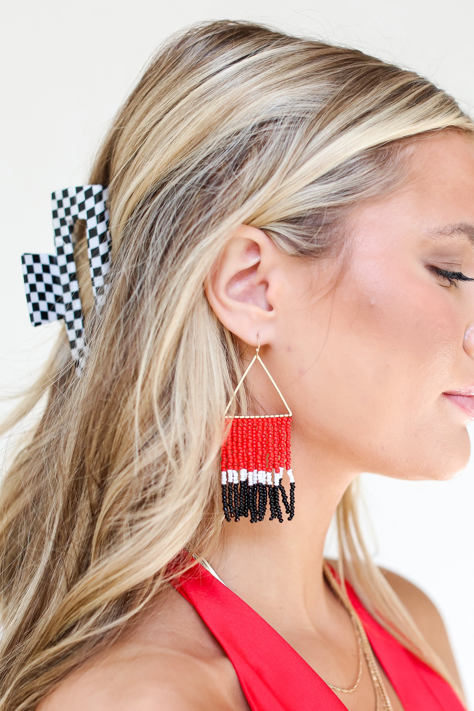 Red + Black Beaded Fringe Earrings EO9